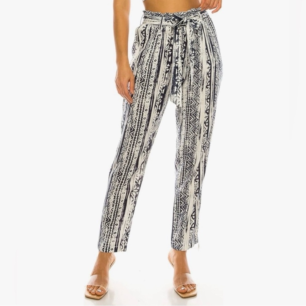 CALI 1850 Paperbag Pants Waist & Tie Linen Blend Aztec Western Print  Women's L